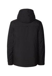 Zwarte gewatteerde jack met capuchon, met een gladde textuur, een rechte snit en minimale naden op de rug voor een strakke uitstraling.