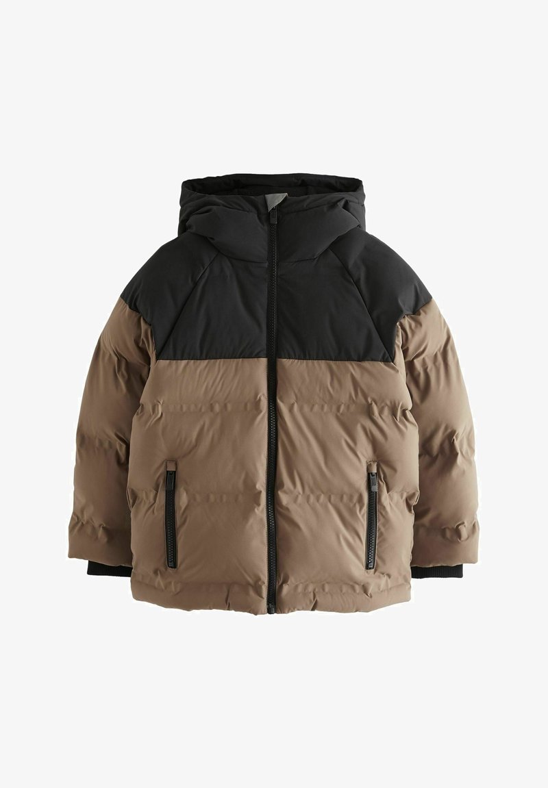 Kurtka puchowa z czarną górą i brązowym dolnym segmentem, z kapturem, kieszeniami na zamek błyskawiczny i pikowanym wykończeniem. Miękki, izolowany materiał.