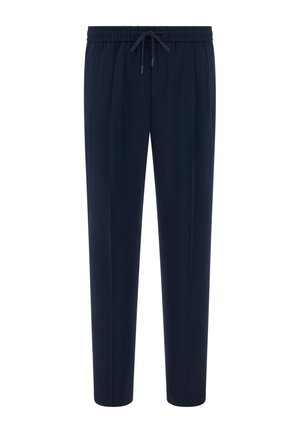 Pantalon fuselé bleu marine avec taille élastique et cordon de serrage, doté de plis avant et de poches latérales.