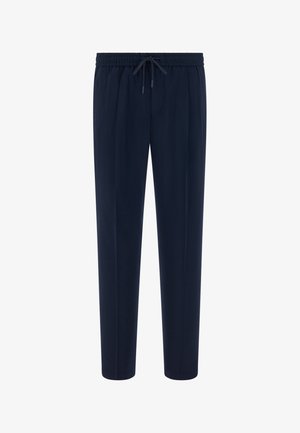 Pantaloni a sigaretta blu navy con vita elastica e coulisse, dotati di pieghe frontali e tasche laterali.