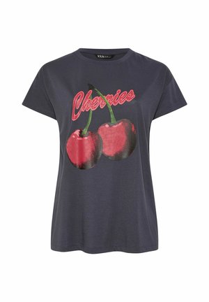 Ciemnoszary t-shirt z krótkim rękawem z czerwonym nadrukiem wiśni i napisem "Cherries" w czerwonym pisanym stylu na przodzie.