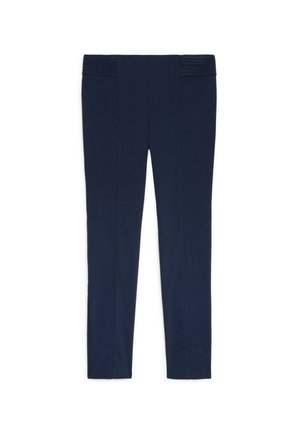 Navyblauwe broek met een soepele textuur, voorzien van een brede elastische tailleband met gestreepte details en eengetailleerde pasvorm.