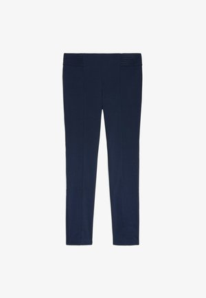 Navyblauwe broek met een soepele textuur, voorzien van een brede elastische tailleband met gestreepte details en eengetailleerde pasvorm.