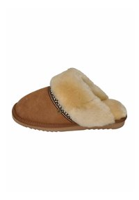 Brown suede slipper with a tan faux-fur lining, featuring a decorative patterned band and a flat rubber sole. Soft texture and casual design.