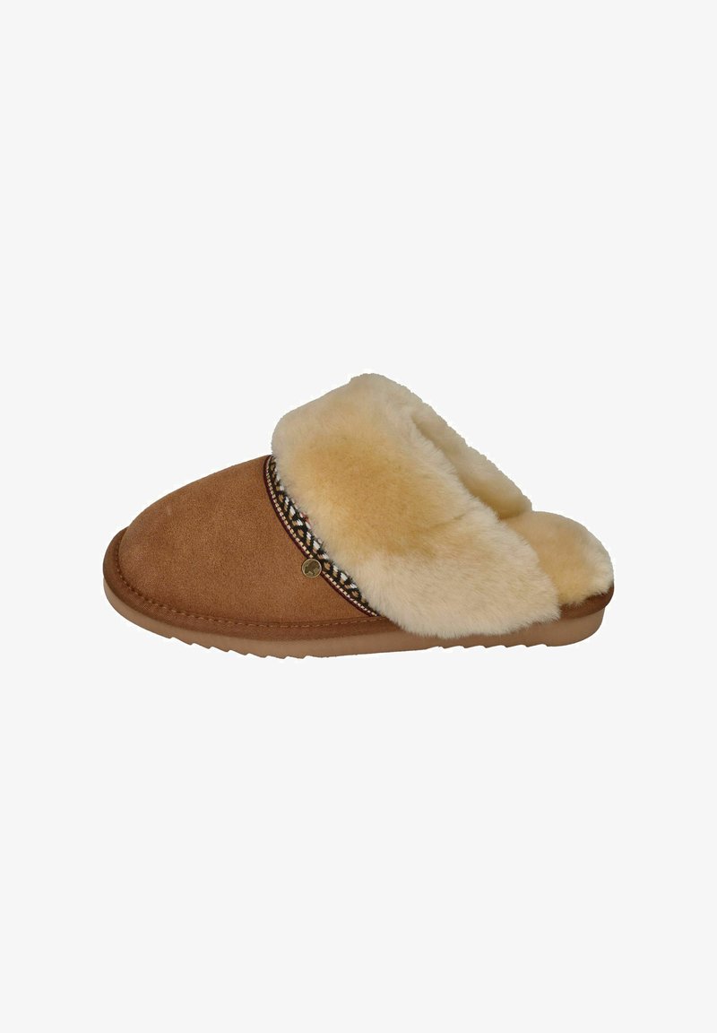 Brown suede slipper with a tan faux-fur lining, featuring a decorative patterned band and a flat rubber sole. Soft texture and casual design.