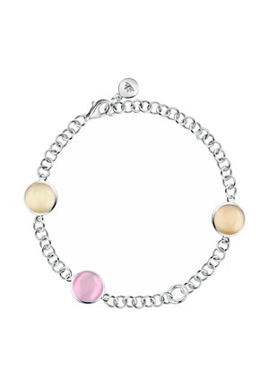 Bracciale a catena d'argento con tre pietre tonde dai colori pastello giallo e rosa, dotato di chiusura a moschettone e piccolo ciondolo.