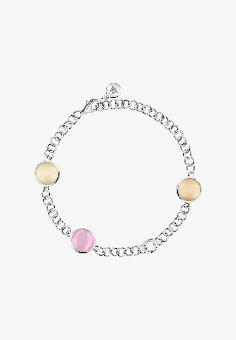 Bracciale a catena d'argento con tre pietre tonde dai colori pastello giallo e rosa, dotato di chiusura a moschettone e piccolo ciondolo.
