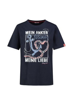Marineblaues T-Shirt mit Anker und Seil, die ein Herz formen, weißer Schriftzug "Mein Anker Meine Liebe" und ein kleiner Vogel über dem Design.