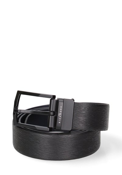 Black leather belt with a textured finish, featuring a rectangular matte black metal buckle and embossed brand name, rich in detail.