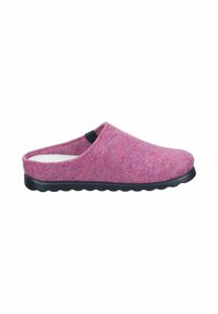 Felt slip-on clog in light pink with a black rubber sole. Rounded toe, open heel, and textured upper surface. Soft interior lining.