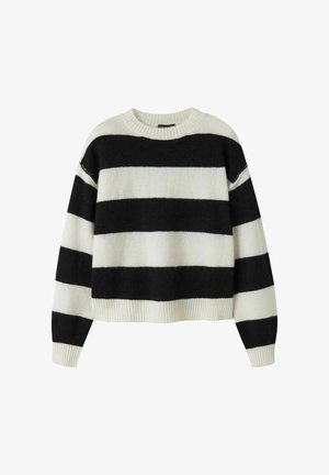 Juodai baltas dryžuotas megztinis, pagamintas iš minkštos medžiagos, su apvalia iškirpte, nuleistais pečiais bei ribbintais rankogaliais ir apačia.