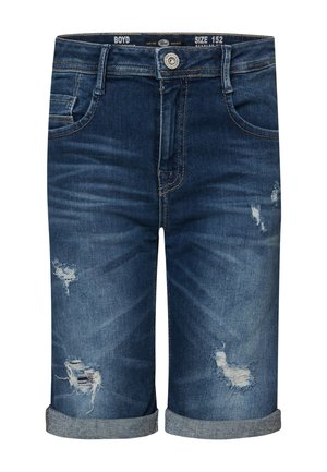 Shorts in denim blu scuro con un finish distressed, caratterizzati da dettagli sfilacciati e orli arrotolati. Design classico a cinque tasche con chiusura a bottone.