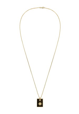 Delicate gouden ketting met een rechthoekige zwarte hanger met een gouden achtpuntige ster in het midden.
