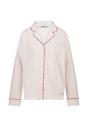 Witte pyjamablouse met lange mouwen, bedekt met kleine rode hartjes, rode bies langs de kraag, manchetten, knopenrij en voorste knopen.