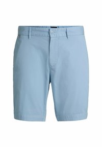 Ljusblå shorts i mjukt tyg, med knappstängning framtill, bälteshällor och en enkel design utan mönster eller detaljer.