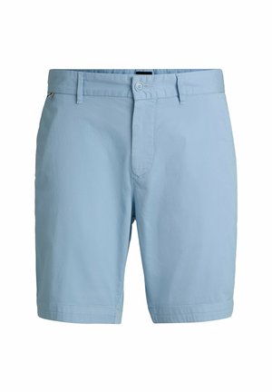 Light blue shorts made of soft fabric, featuring a front button closure, belt loops, and a simple design without patterns or accents.