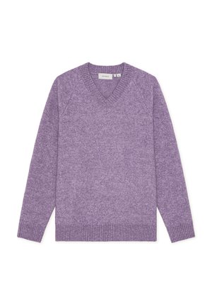 Lilla v-hals genser laget av myk ull, med lange ermer, ribbestrikkede mansjetter og kant, med en strukturert finish og raglan-skulderdesign.