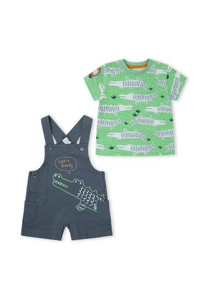 Camiseta verde de manga corta con estampado blanco de cocodrilos y peto gris oscuro con un dibujo de un cocodrilo sonriente y el texto "Let's party".