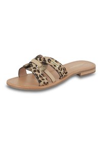 Sandaler med leopardprint og beige stropper, flad sål med en polstret fodseng og synlige sømdetaljer.
