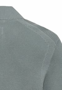 Hellgrauer Strickpullover mit strukturiertem Muster, ausgestattet mit einem gerippten Kragen und Schulterdetail. Glatter Stoff mit subtiler Glanzoptik.