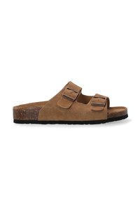 Brown suede slide sandal with two adjustable buckles, cork footbed, and textured black rubber sole for grip.