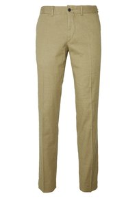 Béžové lněné kalhoty s rovným střihem, vybavené zapínáním na knoflík, dvěma předními kapsami a hladkým, texturovaným materiálem.