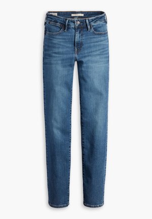 Jeans in denim di un blu medio, con un design a gamba dritta, cinque tasche e una chiusura con zip e bottone.
