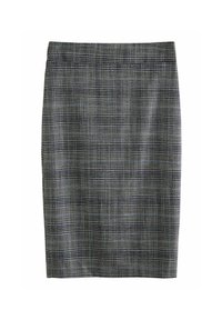 Kariertes Bleistiftkleid in Grautönen und Blau, taillierter Schnitt, glatte Textur, mit verdecktem Bund, knielanges Design.