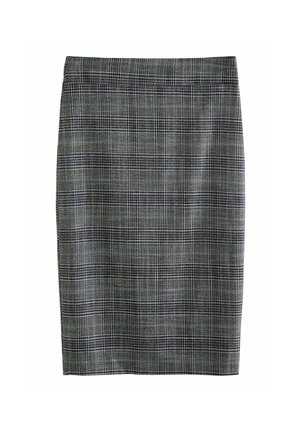 Plaid pencil skirt in shades of gray and blue, tailored fit, smooth texture, with a concealed waistband, knee-length design.
