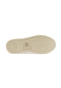 Suela de un zapato con un material de goma beige texturizado. Presenta patrones circulares y en forma de ola, y un logo grabado que dice "AUTRY."