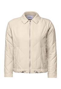 Veste matelassée beige avec un col, fermeture éclair sur le devant et deux poches latérales. Présente des accents de cordon à l'ourlet.