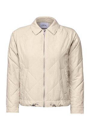 Beige quilted jacket with a collared neckline, front zip closure, and two side pockets. Features drawstring accents at the hem.