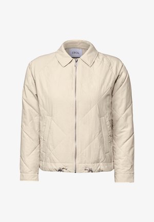 Veste matelassée beige avec un col, fermeture éclair sur le devant et deux poches latérales. Présente des accents de cordon à l'ourlet.