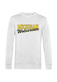 Bílá mikina s dlouhým rukávem a kulatým výstřihem. Na přední straně je nápis "MICHIGAN" v tučném žlutém písmu a "Wolverines" v černém kurzívě.