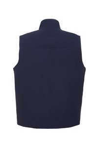 Mörkblå väst med hög krage, ärmlös design och ingen synlig hårdvara. Slät textur, minimalistisk stil och rak fåll.