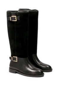 Black knee-high boots made of leather and suede. Features a shiny gold buckle detail and a textured finish. Flat sole and rounded toe.