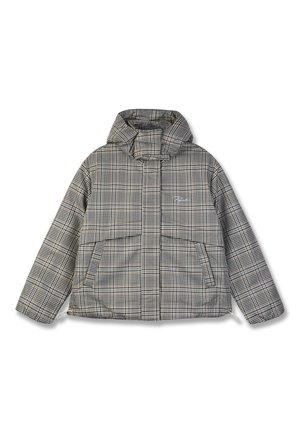 Giubbotto trapuntato in un motivo a scacchi nero e beige. Presenta un colletto alto, cappuccio e due tasche frontali. Tessuto testurizzato.