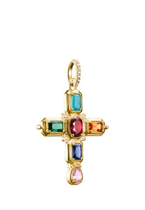 Goldenes Kreuzanhänger mit mehrfarbigen Edelsteinen einschließlich Rot, Blau, Grün, Orange, Türkis und Pink mit einer mit kleinen Diamanten besetzten Lasche.