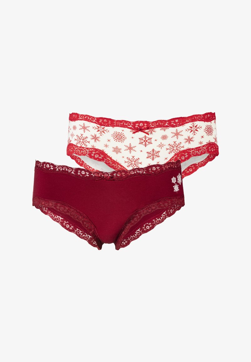 Dva para ženskih hlačk: en par bordo s čipkastim robom in en par belih z rdečim vzorcem snežink ter čipkastimi robovi. Obe imata okrasne pentlje.