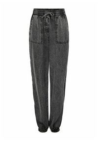 Grå denim-joggingsbyxor med elastisk midja, dragsko, två framfickor och elastiska muddar vid anklarna. Strukturerad tyg med sömdetaljer.