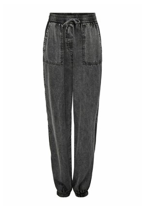 Joggers en denim gris avec une taille élastique, un cordon de serrage, deux poches avant et des poignets élastiques aux chevilles. Tissu texturé avec des détails de couture.
