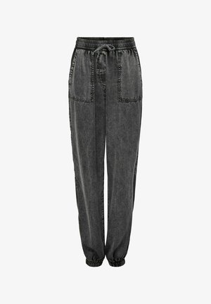 Gray denim joggers with an elastic waistband, drawstring, two front pockets, and elastic cuffs at the ankles. Textured fabric with stitch detailing.