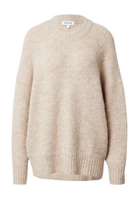 Maglione lavorato a maglia beige con scollo rotondo, polsini e orlo a coste, caratterizzato da un motivo testurizzato su tutta la stoffa.