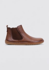 Brown leather ankle boots with elastic side panels, textured finish, smooth toe, and a rubber sole, featuring a pull tab at the back.
