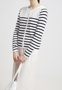 Pruhovaný navy a bílý kardigan s krajkovým sedlem, dlouhými rukávy, zapínáním na knoflíky a ribbovaným spodním lemem. Nosený přes krémovou sukni, držící bílou tašku.