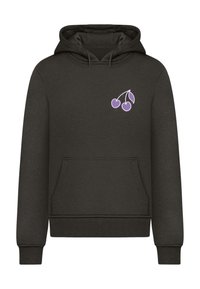 Felpa grigia scura in misto cotone. Presenta una tasca frontale e un design di ciliegia viola chiaro nella zona sinistra del petto.