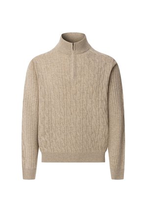 Beige kabelbrei trui met een opstaande kraag en een halve rits. Kenmerkt zich door geribbelde manchetten en een zoom. Gemaakt van een textuur gebreid materiaal.