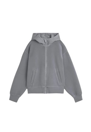 Harmaa vetoketjullinen huppari, jossa pitkät hihat, kaksi etutaskua, resorit hihansuissa ja helmassa sekä kiinnitetty huppu.