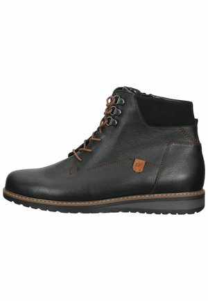 Schwarze Leder-Ankle Boots mit braunen Akzenten, strukturierter Oberfläche, Schnürdesign und Gummisohle, mit einem kleinen Logo an der Seite.