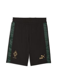 Svarta sportshorts med resårmidja, gröna mönstrade sidosträck, guldiga logotyper: en i rombform och en Puma.